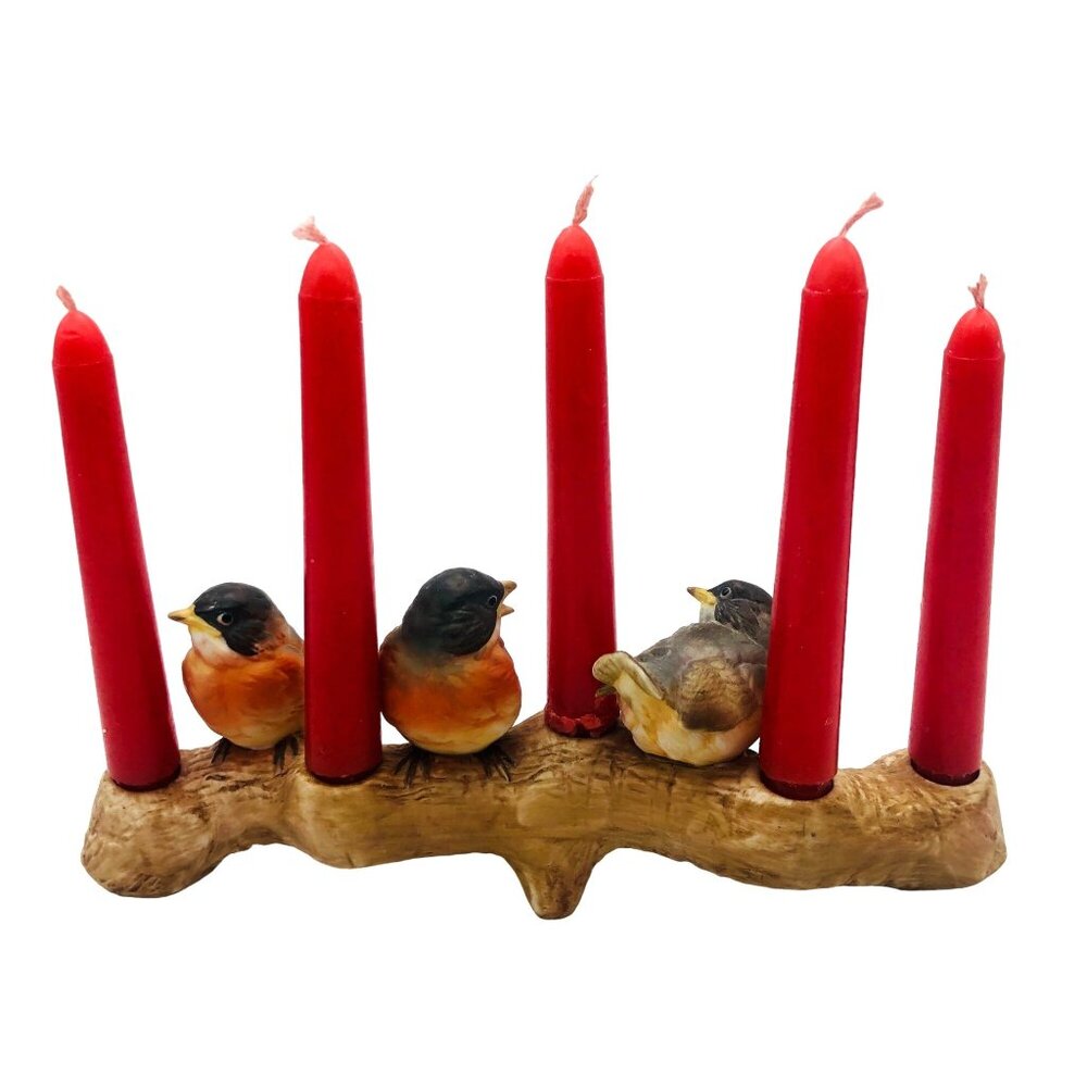 Vtg Lenox Japan Ceramic 3 Song Birds on Log Candle Holder w/ 5 Red Tapers